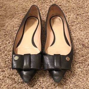 Tory Burch Black Leather Bow Flats Shoes Size 9.5